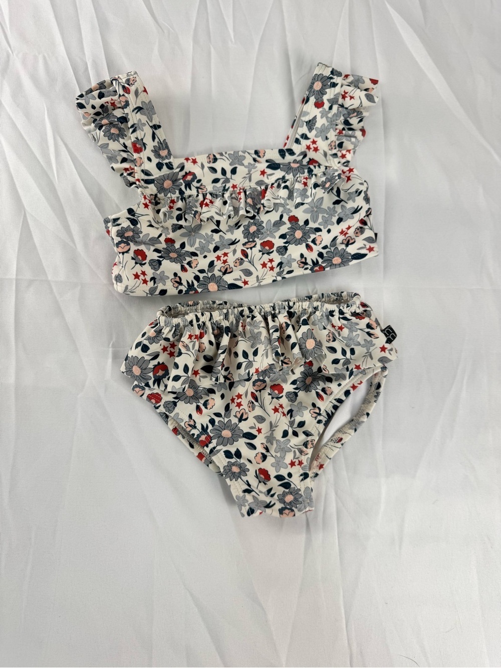 Girls Floral Ruffle Bikini Set - White with Blue & Red Flowers
